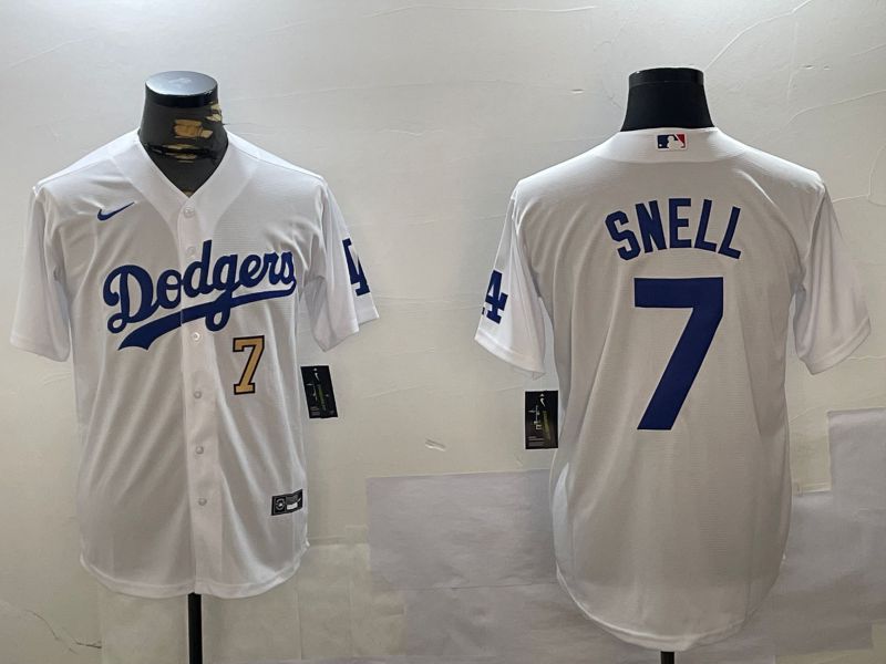 Men Los Angeles Dodgers 7 Snell White Game 2024 Nike MLB Jersey style 3